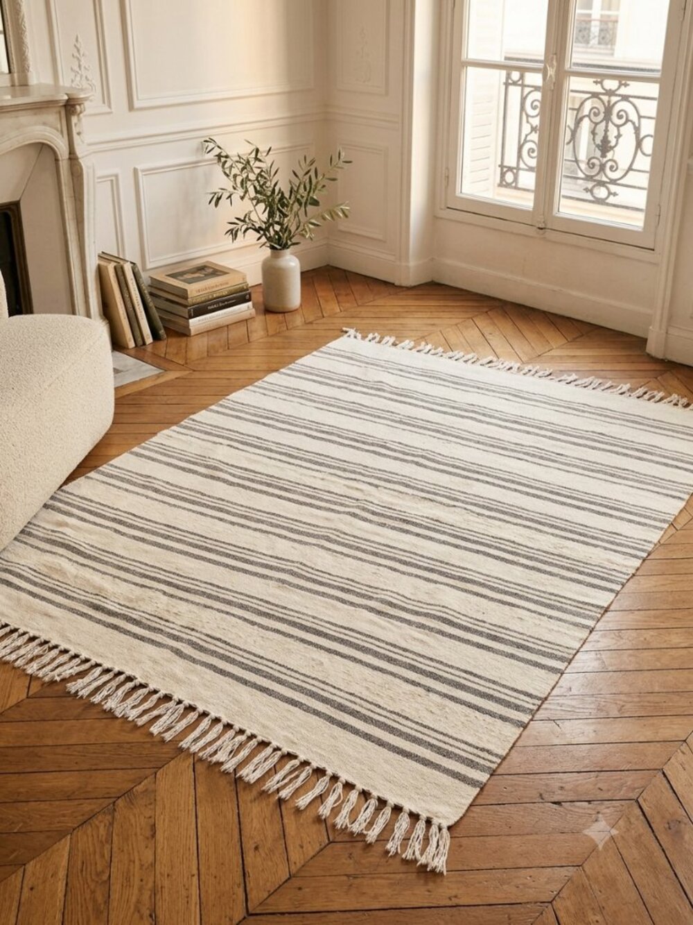 Celerie Striped Fringe Indoor Area Rug — White and Gray 4' X 4.5'